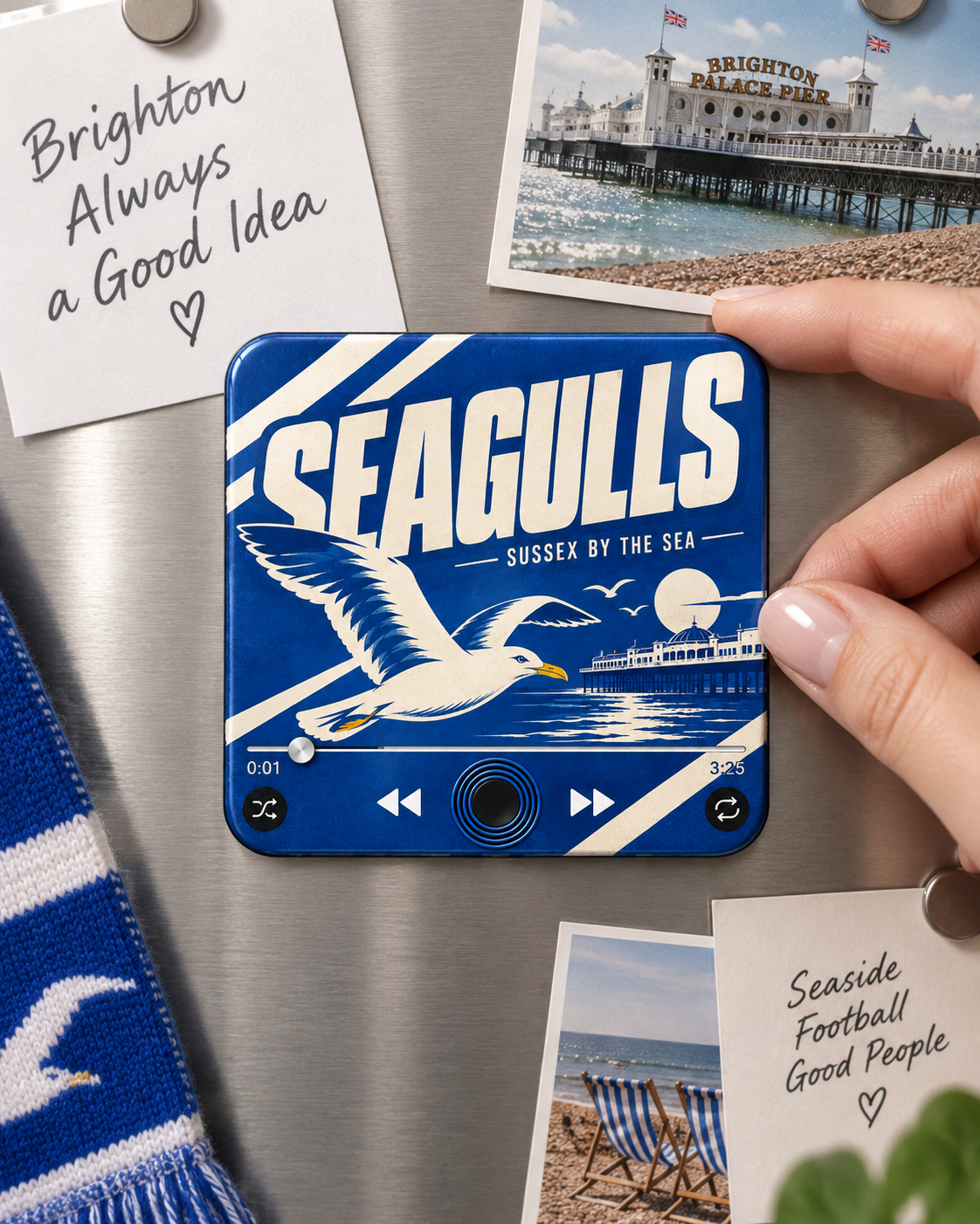 Sussex blue and white football sound magnet on fridge
